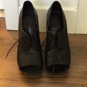 Women's Black Peep-Toe Lace-Up Leather Heels